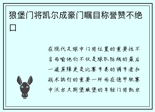 狼堡门将凯尔成豪门瞩目称誉赞不绝口