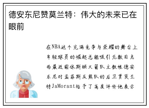 德安东尼赞莫兰特：伟大的未来已在眼前