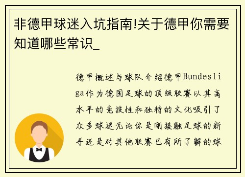 非德甲球迷入坑指南!关于德甲你需要知道哪些常识_