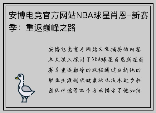 安博电竞官方网站NBA球星肖恩-新赛季：重返巅峰之路