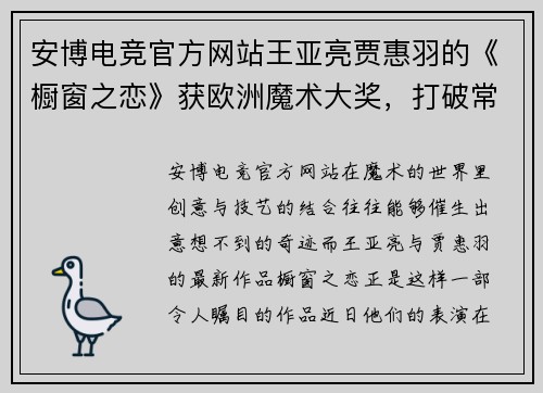 安博电竞官方网站王亚亮贾惠羽的《橱窗之恋》获欧洲魔术大奖，打破常规的奇迹 - 副本