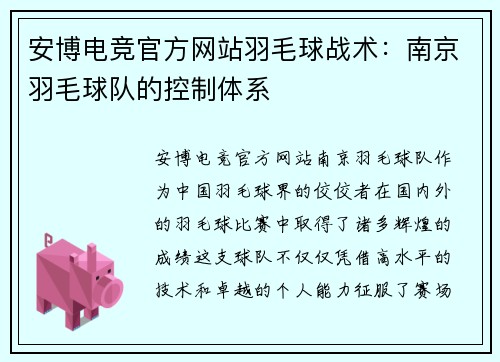 安博电竞官方网站羽毛球战术：南京羽毛球队的控制体系
